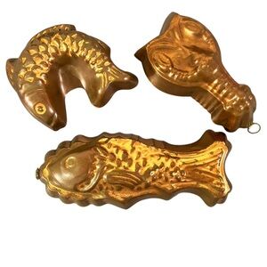 Vintage Copper Fish Lobster Molds Tin Lined Lot of THREE
